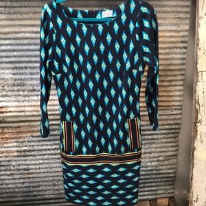 Plenty by Tracy Reese Blue and Black Patterned Midi Dress
